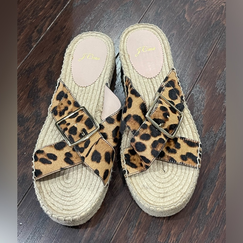 JCREW Size 11 Cross-strap espadrilles with buckle in leopard Calf hair